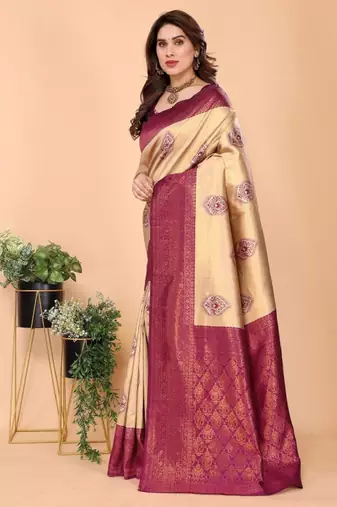 cream kanjeevaram saree with ethnic motif woven design