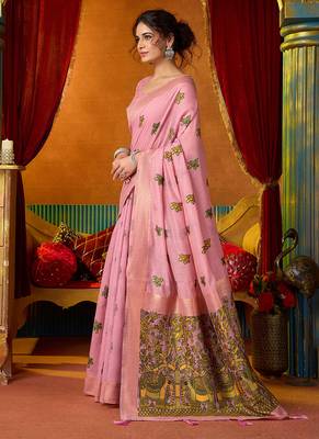 Pink cotton blend saree with traditional ethnic motifs and includes blouse piece 2