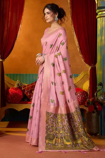 Pink cotton blend saree with traditional ethnic motifs and includes blouse piece