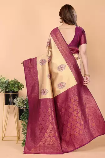 cream kanjeevaram saree with ethnic motif woven design