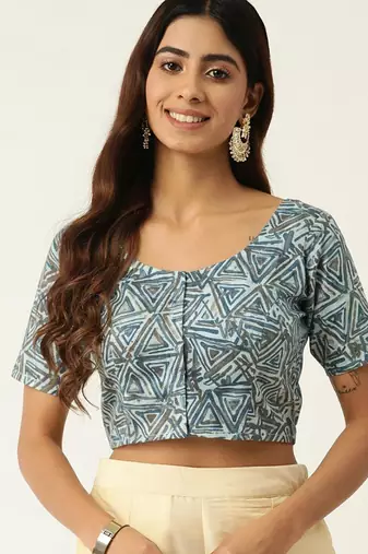 Grey cotton sanganeri printed non padded blouse