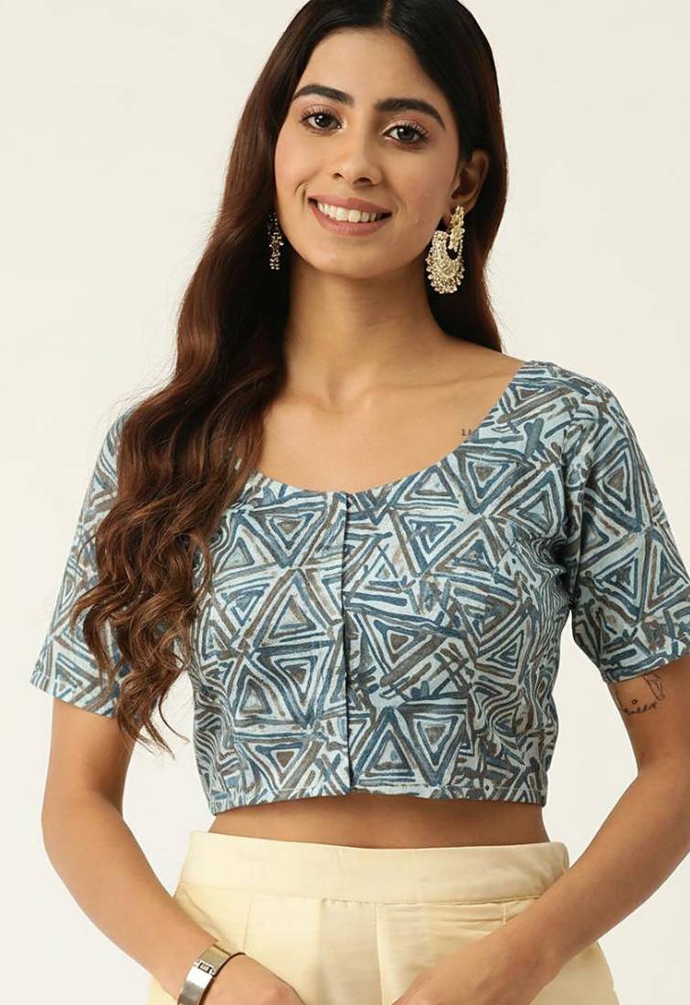 Grey cotton sanganeri printed non padded blouse