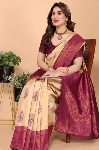 cream kanjeevaram saree with ethnic motif woven design