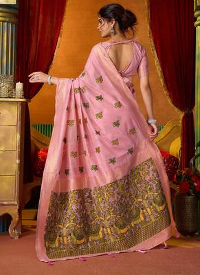 Pink cotton blend saree with traditional ethnic motifs and includes blouse piece 3