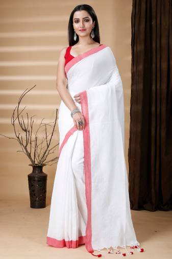 white pure cotton khadi saree with elegant woven details