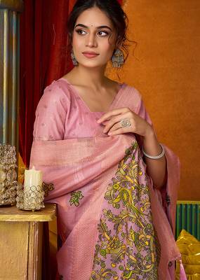 Pink cotton blend saree with traditional ethnic motifs and includes blouse piece 4