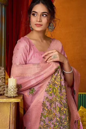 Pink cotton blend saree with traditional ethnic motifs and includes blouse piece
