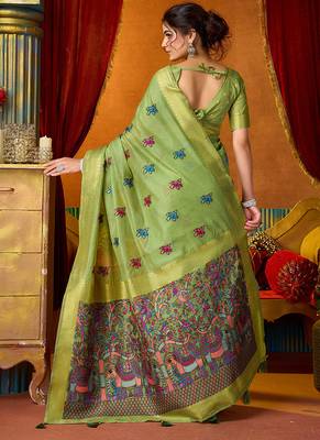 Light green cotton blend saree with traditional ethnic motifs and includes blouse piece 3