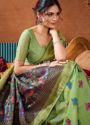 Light green cotton blend saree with traditional ethnic motifs and includes blouse piece 4