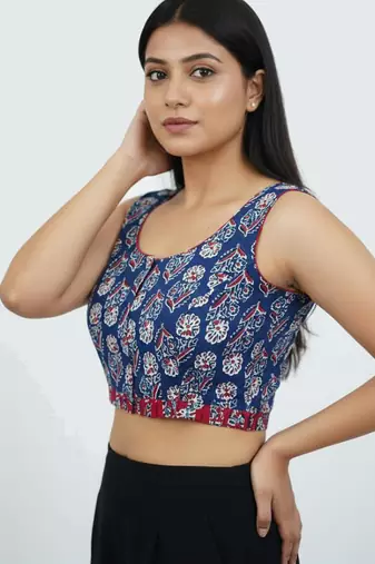 Blue cotton sanganeri printed non padded blouse