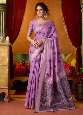 Lavender cotton blend saree with traditional ethnic motifs and includes blouse piece 1