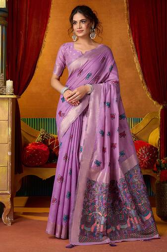 Lavender cotton blend saree with traditional ethnic motifs and includes blouse piece