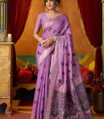 Lavender cotton blend saree with traditional ethnic motifs and includes blouse piece