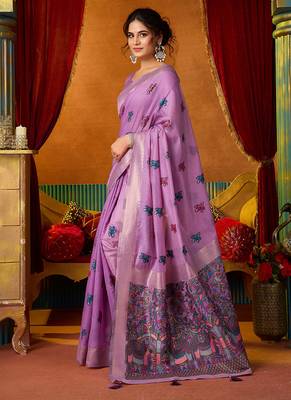 Lavender cotton blend saree with traditional ethnic motifs and includes blouse piece 2