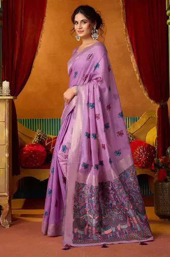 Lavender cotton blend saree with traditional ethnic motifs and includes blouse piece