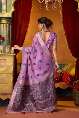 Lavender cotton blend saree with traditional ethnic motifs and includes blouse piece 3