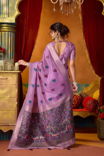 Lavender cotton blend saree with traditional ethnic motifs and includes blouse piece