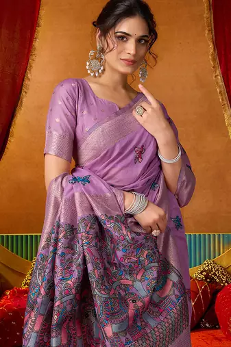 Lavender cotton blend saree with traditional ethnic motifs and includes blouse piece