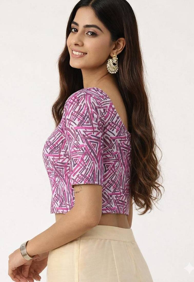 Pink cotton sanganeri printed non padded blouse