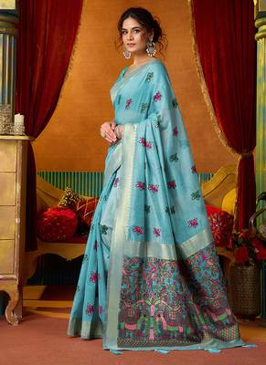 Sky blue cotton blend saree with traditional ethnic motifs and includes blouse piece 2