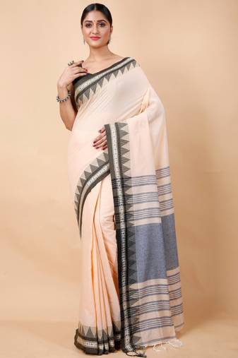 cream pure cotton saree with ethnic motif woven design
