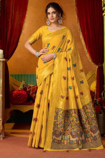 Mustard cotton blend saree with traditional ethnic motifs and includes blouse piece