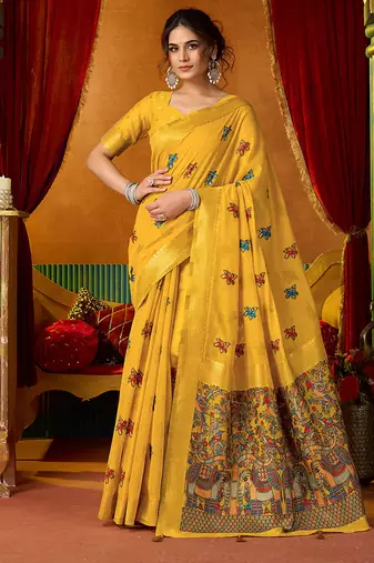 Mustard cotton blend saree with traditional ethnic motifs and includes blouse piece