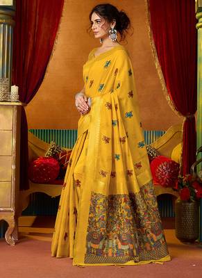 Mustard cotton blend saree with traditional ethnic motifs and includes blouse piece 2