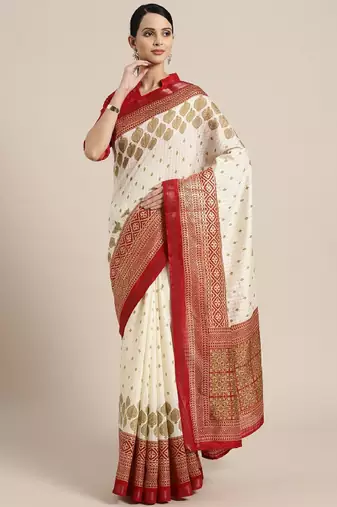 Cream-coloured & maroon printed kasavu saree