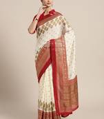 Cream-coloured & maroon printed kasavu saree