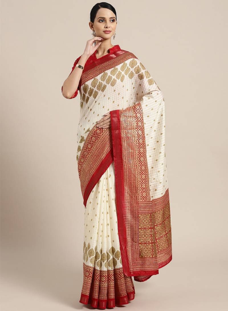 Cream-coloured & maroon printed kasavu saree