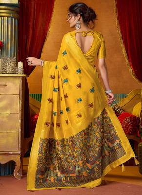 Mustard cotton blend saree with traditional ethnic motifs and includes blouse piece 3
