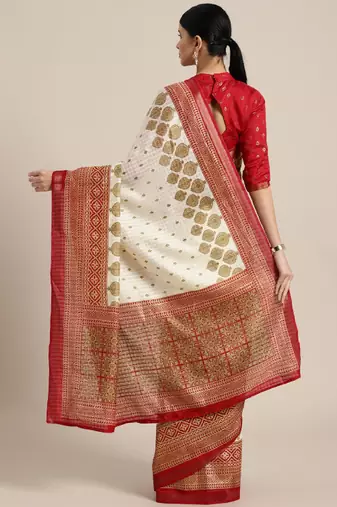 Cream-coloured & maroon printed kasavu saree