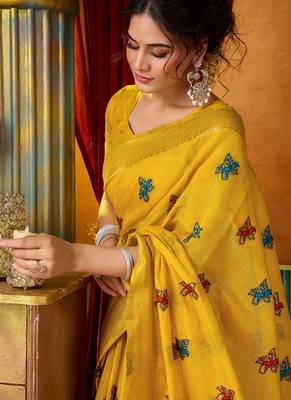 Mustard cotton blend saree with traditional ethnic motifs and includes blouse piece 4