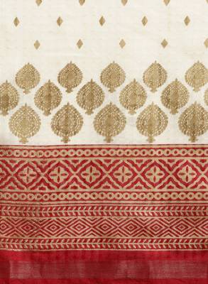 Cream-coloured & maroon printed kasavu saree 3