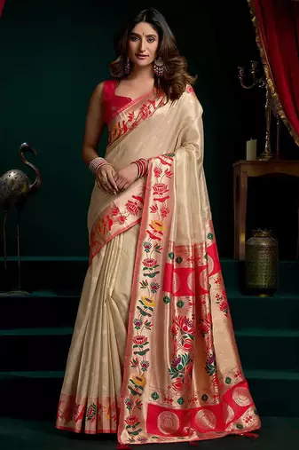 Cream soft tissue silk blend paithani style saree with blouse piece