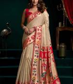 Cream soft tissue silk blend paithani style saree with blouse piece