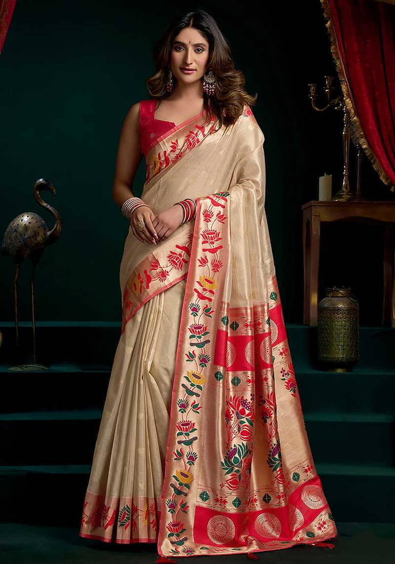 Cream soft tissue silk blend paithani style saree with blouse piece