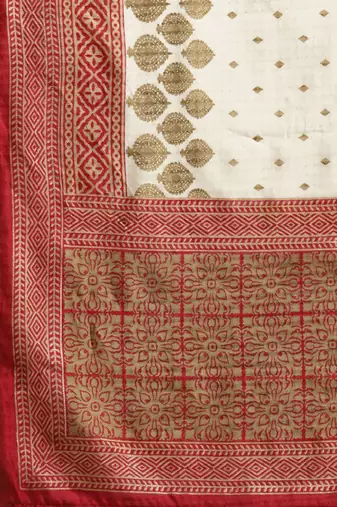Cream-coloured & maroon printed kasavu saree