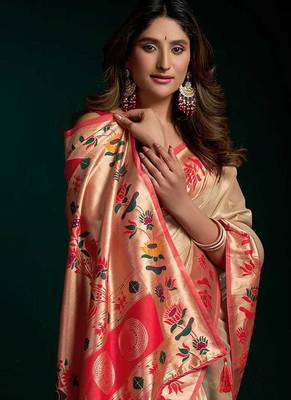 Cream soft tissue silk blend paithani style saree with blouse piece 2