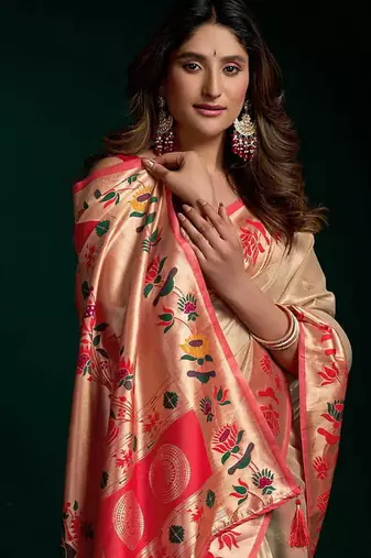Cream soft tissue silk blend paithani style saree with blouse piece