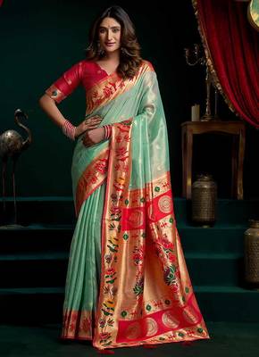 Sea green soft tissue silk blend paithani style saree with blouse piece 1