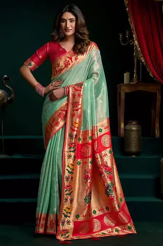 Sea green soft tissue silk blend paithani style saree with blouse piece