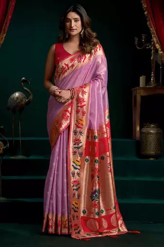 Lilac soft tissue silk blend paithani style saree with blouse piece
