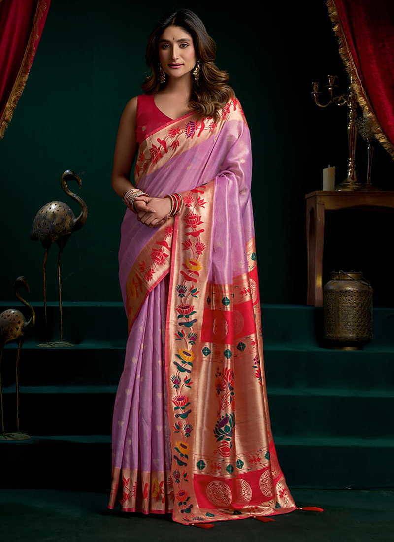 Lilac soft tissue silk blend paithani style saree with blouse piece