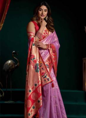 Lilac soft tissue silk blend paithani style saree with blouse piece 2
