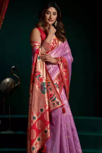 Lilac soft tissue silk blend paithani style saree with blouse piece