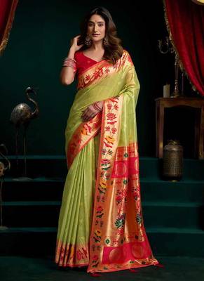 Light green soft tissue silk blend paithani style saree with blouse piece 1