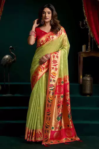 Light green soft tissue silk blend paithani style saree with blouse piece