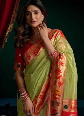 Light green soft tissue silk blend paithani style saree with blouse piece 2